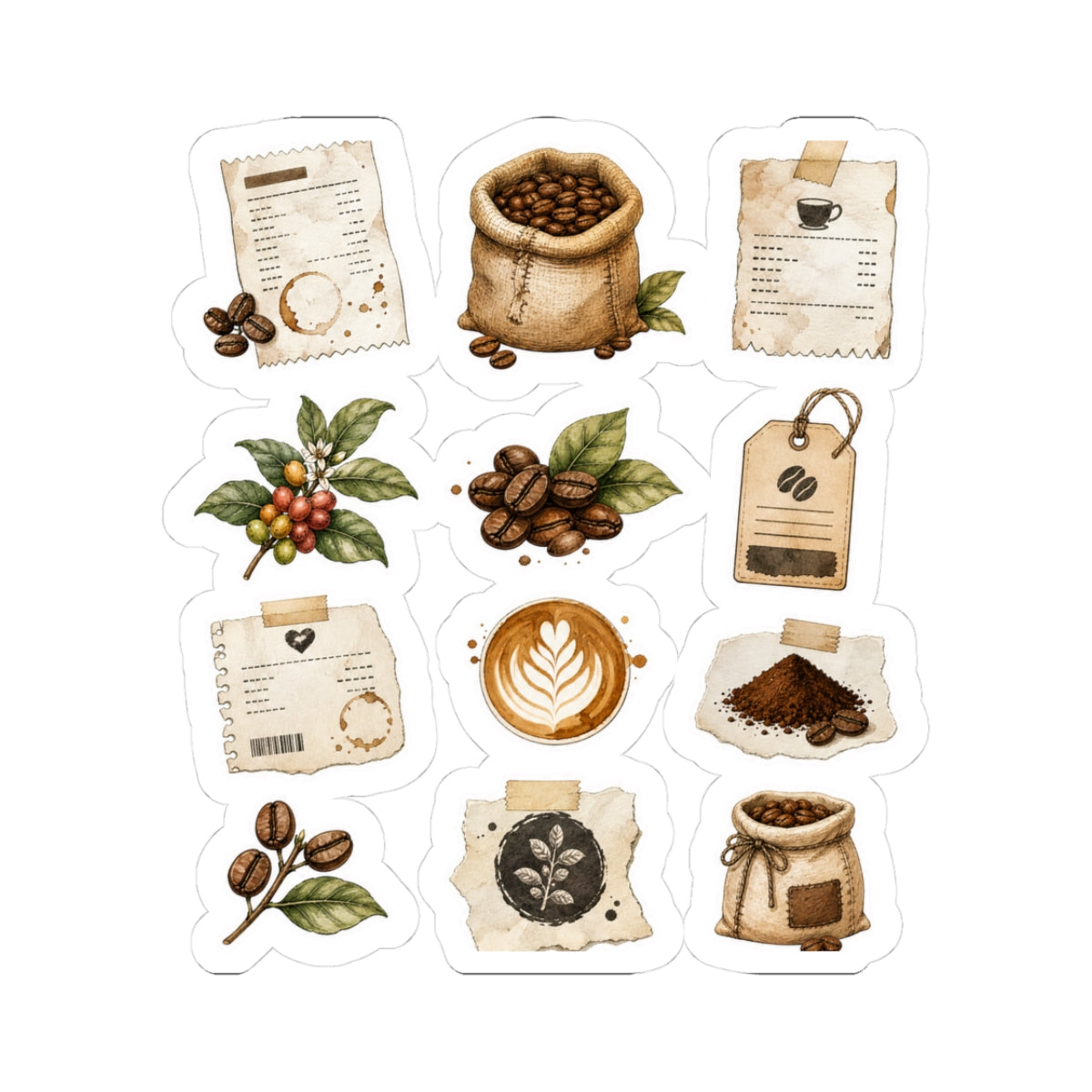 Cafe Receipt Beans Cup Labels Sticker Sheet